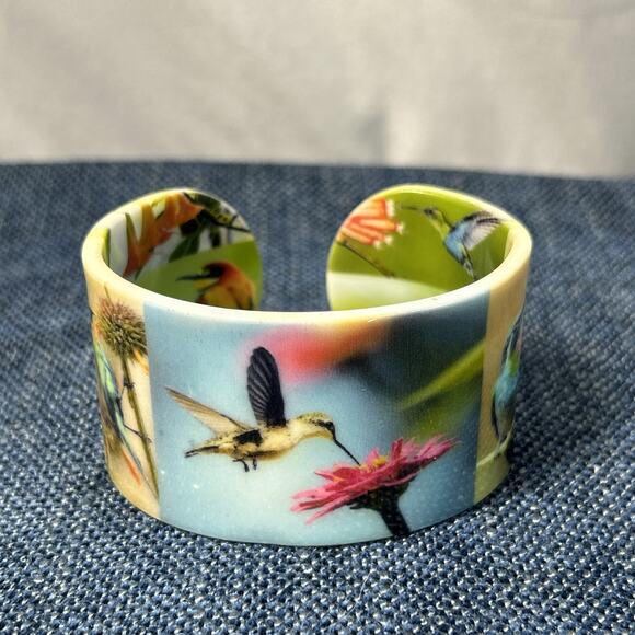 Hummingbird Cuff Bracelet Multi colored Bird Bangle Acrylic Fashion Statement - Picture 2 of 8